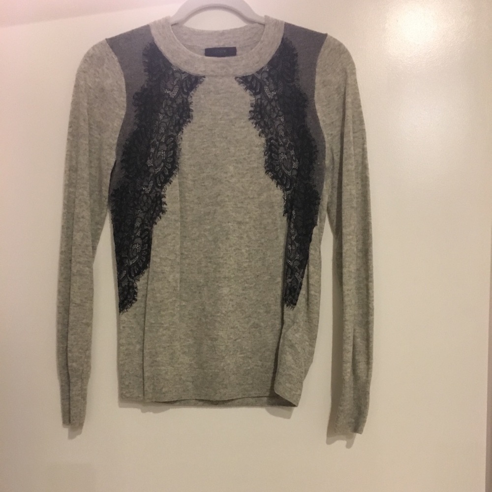 JCrew gray wool sweater with black lace detail